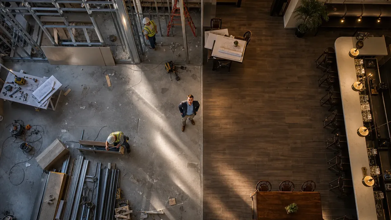 A build-out scene illustrating the legal shape, briefly, shot from directly overhead in bright even light, with a member of the project team at work