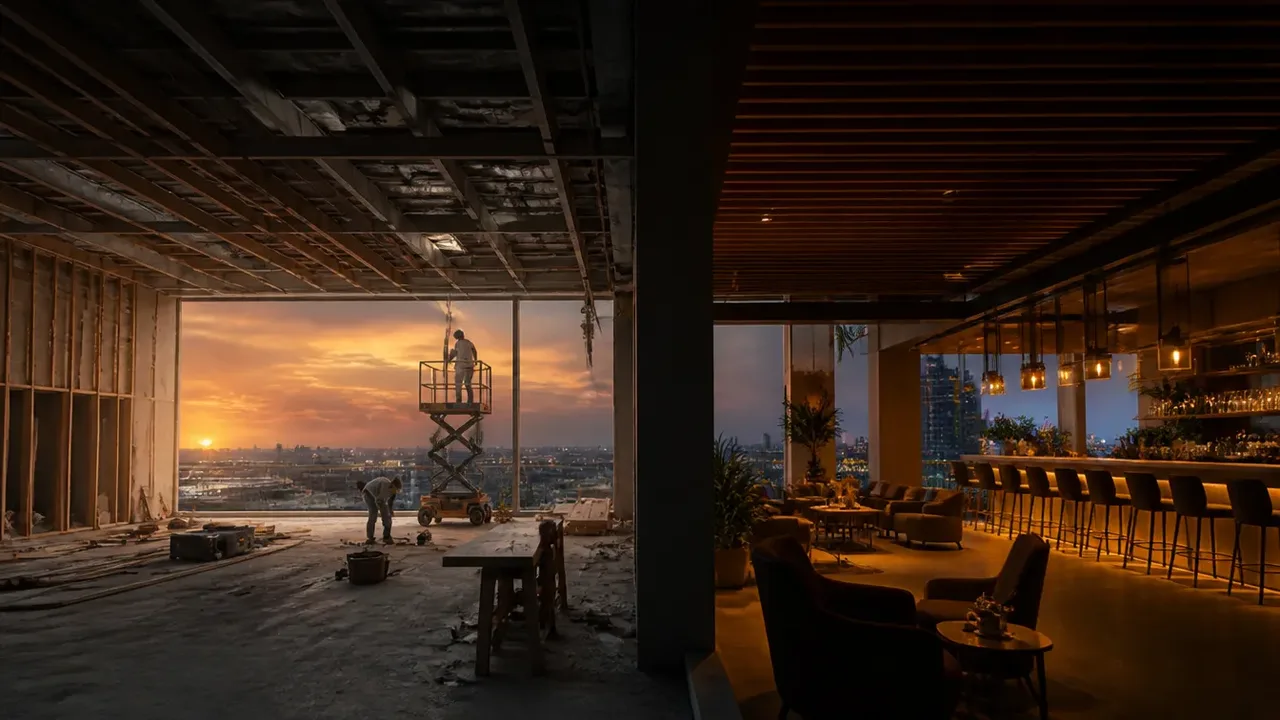 A build-out scene illustrating the playbook, at dusk with the interior lights on