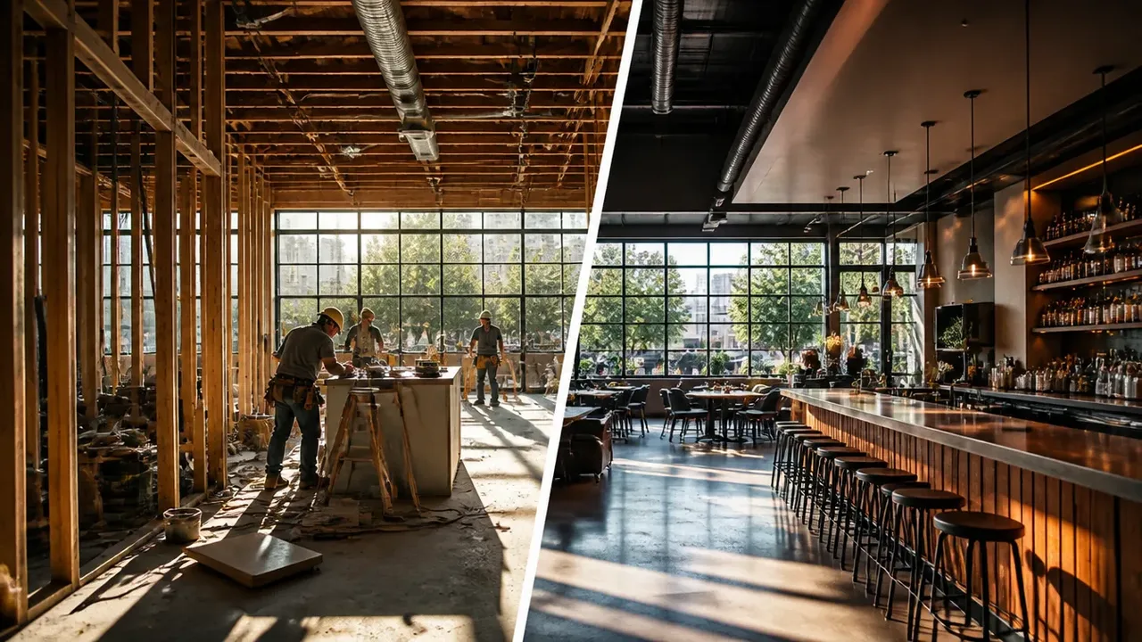 A build-out scene illustrating the reframe, in crisp daylight with strong shadows