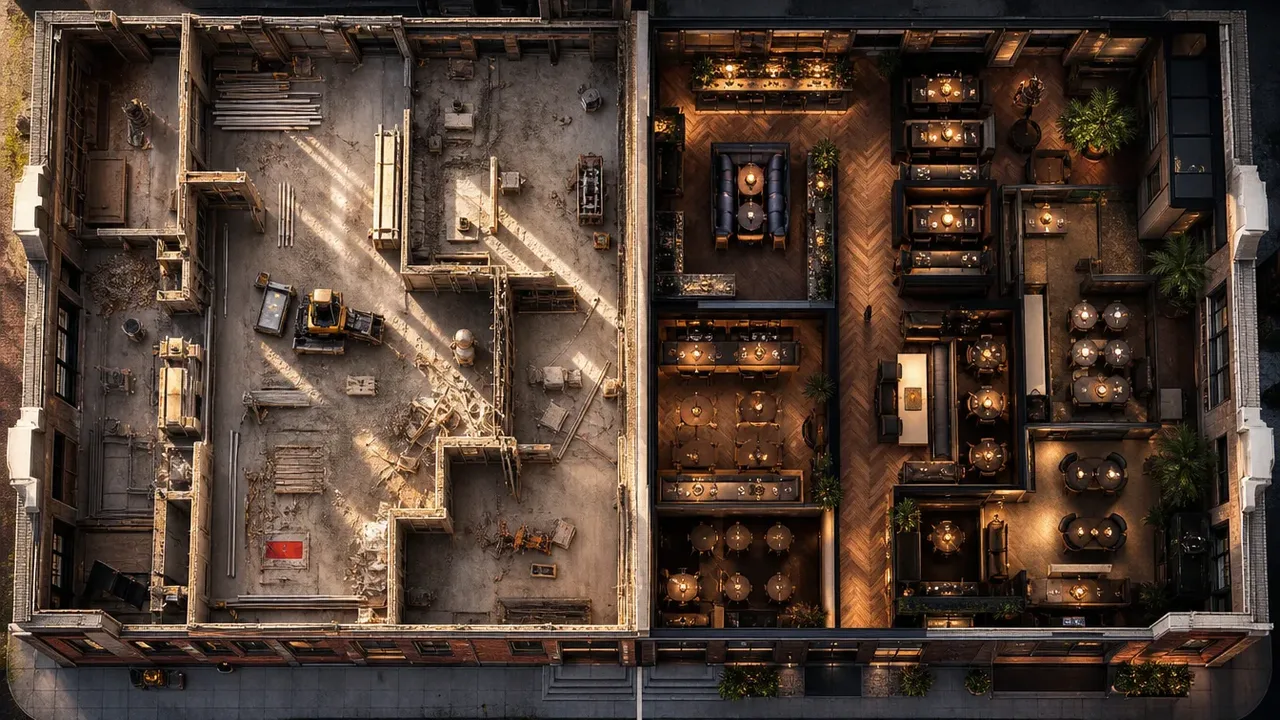An overhead view of a hospitality build-out, illustrating old buildings, new venues, the adaptive-reuse build-out