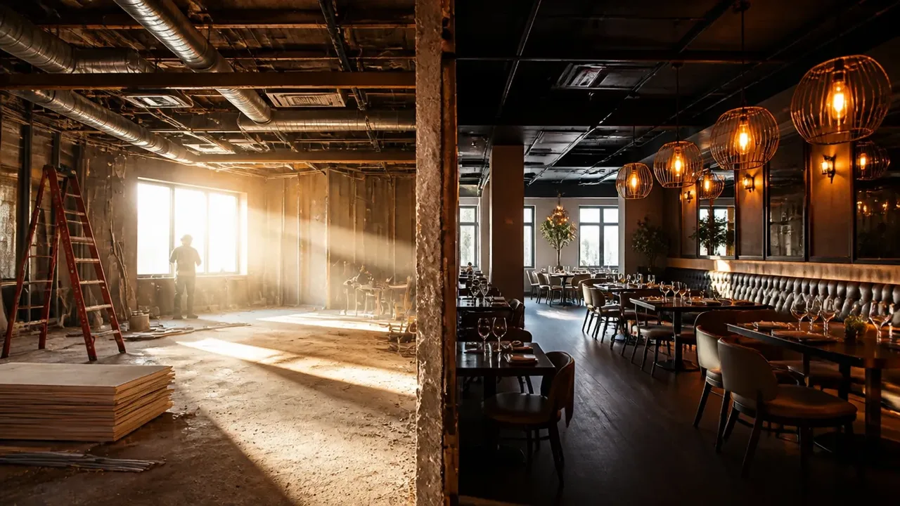 A build-out scene illustrating the change-of-use moment, in crisp daylight with strong shadows