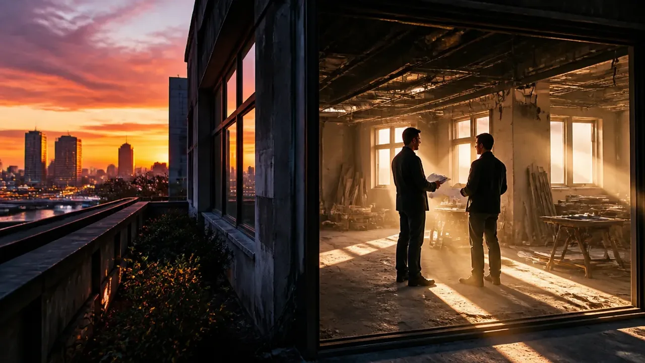 A build-out scene illustrating phase one: the deal, at dusk with the interior lights on