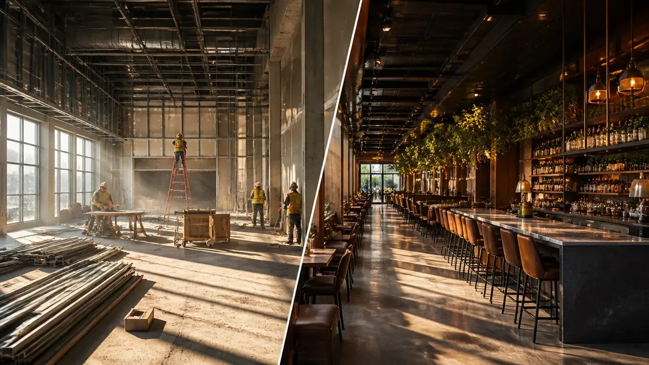 A build-out scene illustrating phase three: permits, in crisp daylight with strong shadows