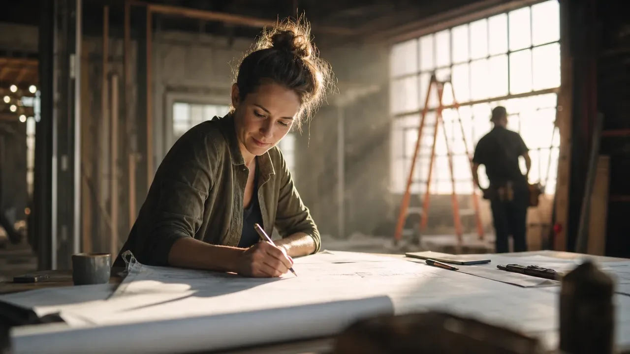 A build-out scene illustrating phase two: design, shot through soft foreground focus, with a member of the project team at work