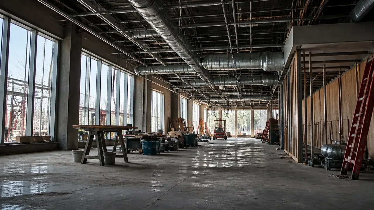 A build-out scene illustrating why the public date is structurally doomed, shot low and wide to show the height of the room