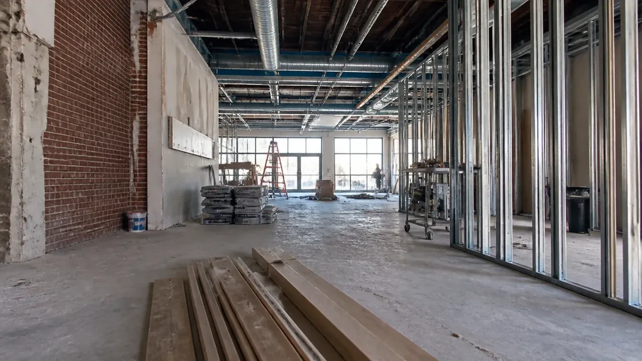 A build-out scene illustrating where the line sits, shot low and wide to show the height of the room