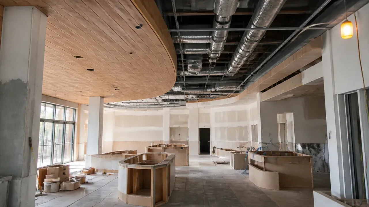 A build-out scene illustrating the rooms nobody renders, shot low and wide to show the height of the room