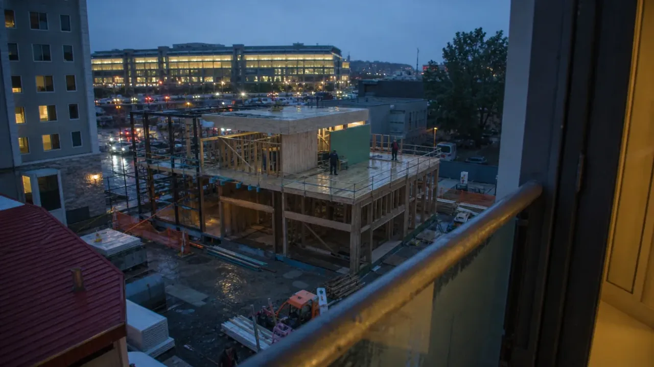 A wide view from above of a hospitality build-out, illustrating who insures the half-finished room?