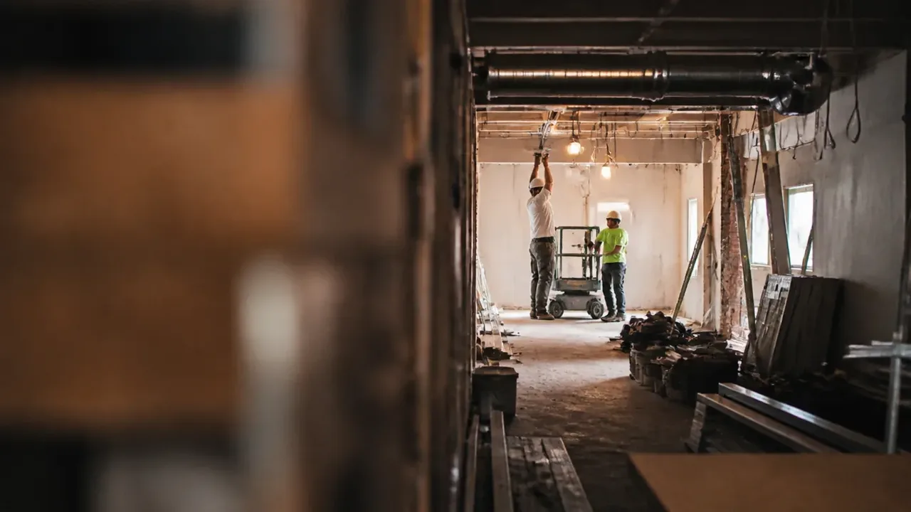 A build-out scene illustrating the liability stack, shot through soft foreground focus