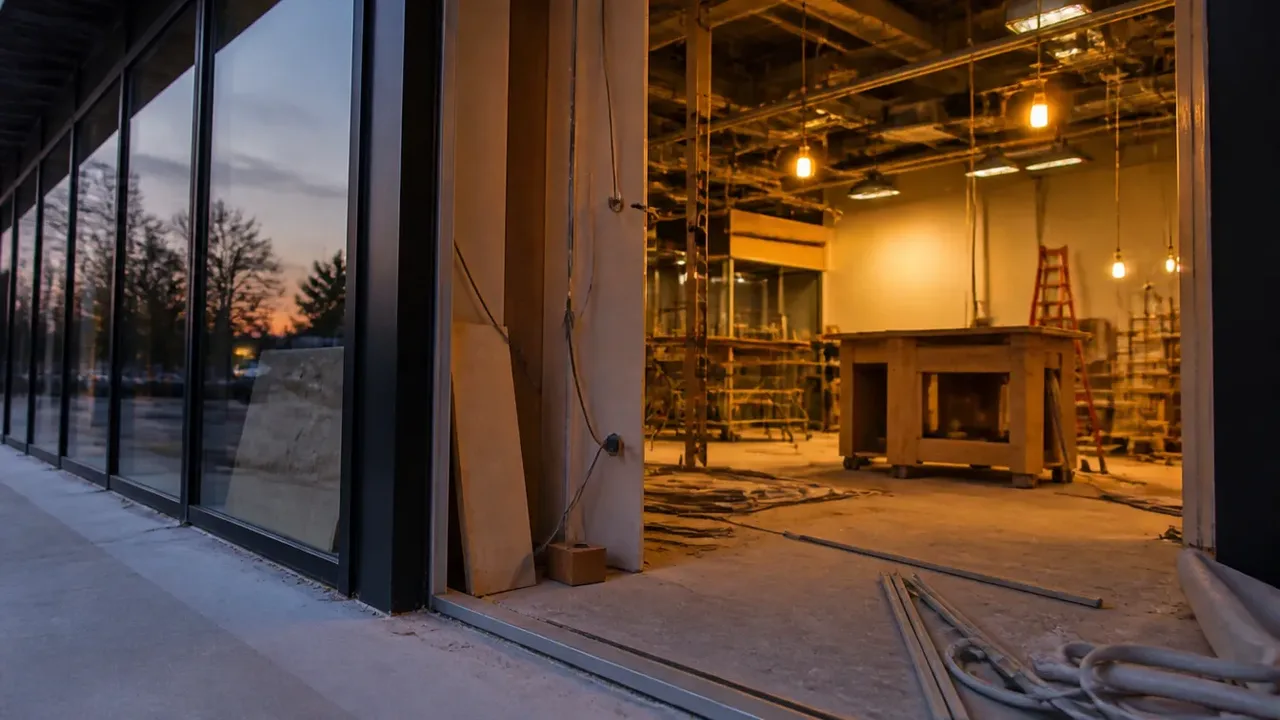 A build-out scene illustrating the tenant-project wrinkle, at dusk with the interior lights on