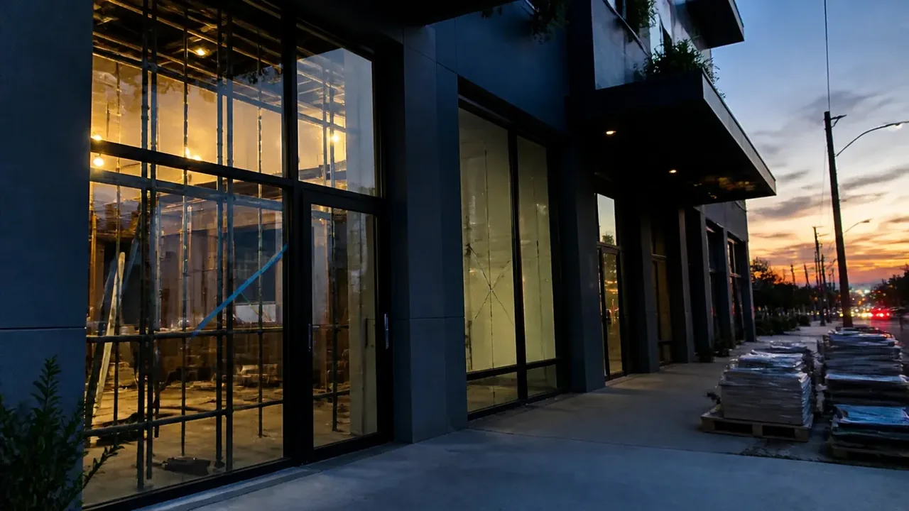 A build-out scene illustrating the math and the hedge, at dusk with the interior lights on