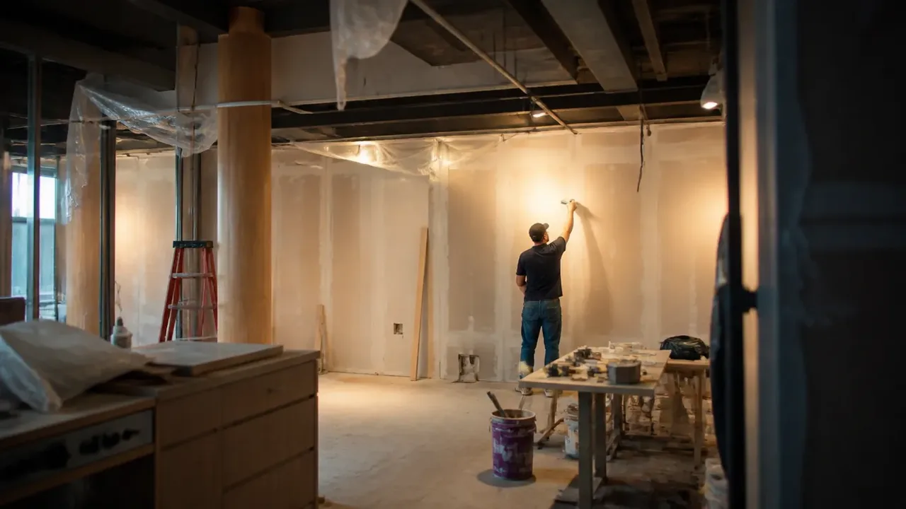 A build-out scene illustrating the pipeline, drawn honestly, shot at table level in warm side light