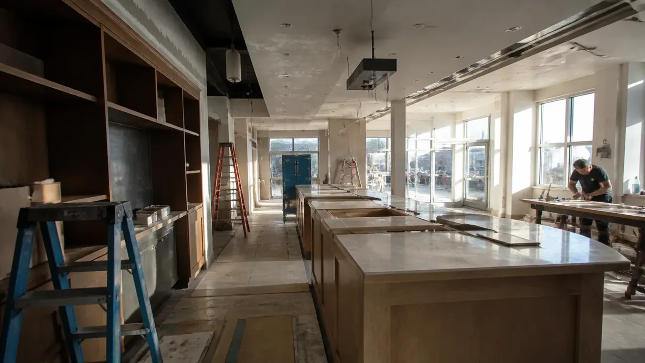 A build-out scene illustrating cost-plus: transparency, with the meter running, in crisp daylight with strong shadows