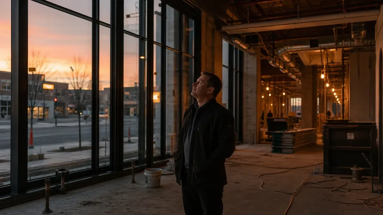 A build-out scene illustrating fixed price: certainty, purchased, at dusk with the interior lights on, with a member of the project team at work