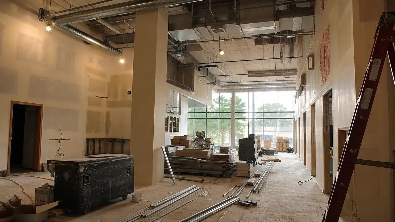 A low wide-angle view of a hospitality build-out, illustrating contingency is a plan, not a cushion