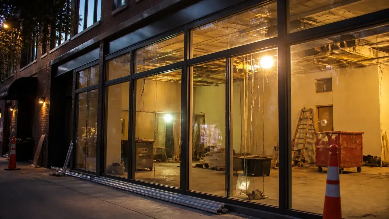 A build-out scene illustrating drawdown rules: the part that makes it a plan, at dusk with the interior lights on