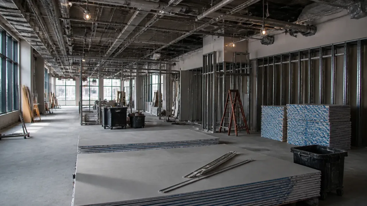 A build-out scene illustrating what contingency is for, and what it is not, shot low and wide to show the height of the room