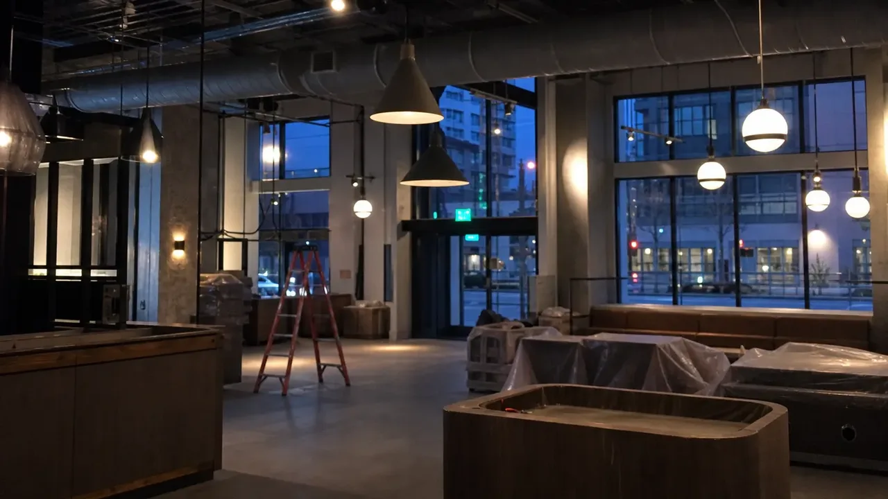 Dusk light and lit interiors in a hospitality build-out, illustrating cost per key, cost per seat, handle with care