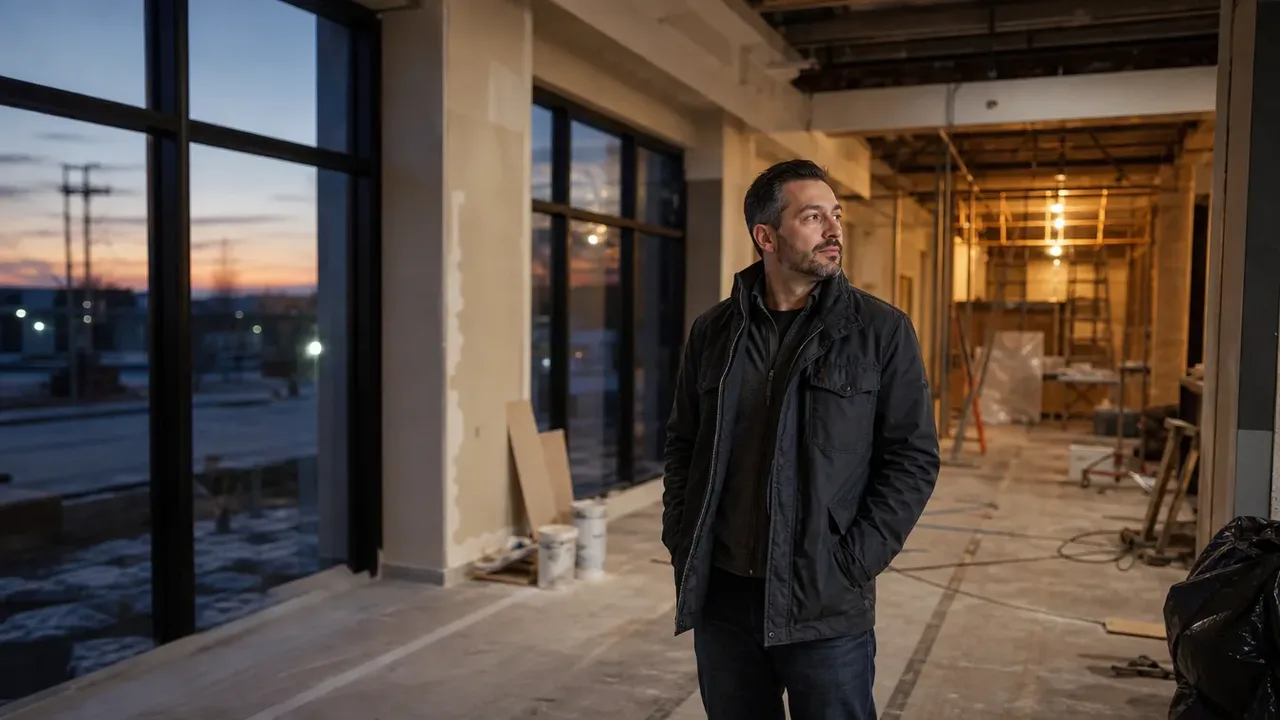 A build-out scene illustrating deposits: production starts when money lands, at dusk with the interior lights on, with a member of the project team at work