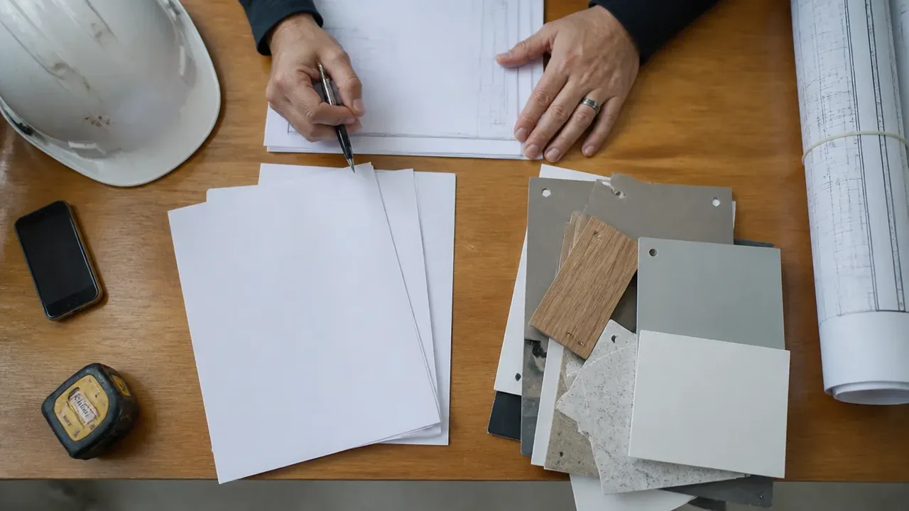 A build-out scene illustrating lien waivers: the paper that protects the paid, shot from directly overhead in bright even light