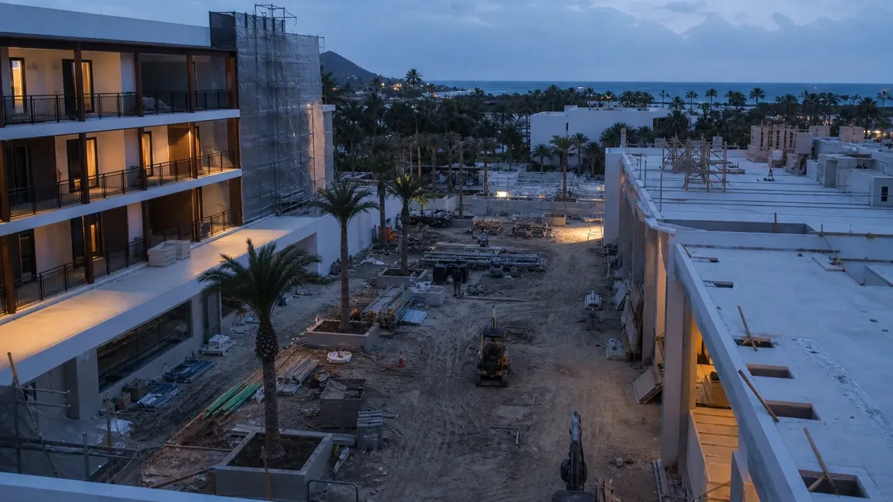 A wide view from above of a hospitality build-out, illustrating what FF&E actually means on a construction budget