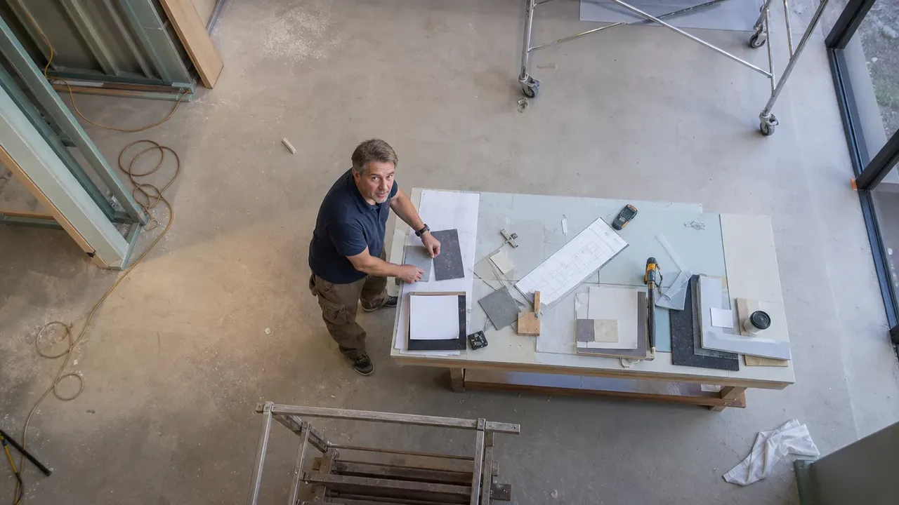 A build-out scene illustrating the three boundary disputes, shot from directly overhead in bright even light, with a member of the project team at work