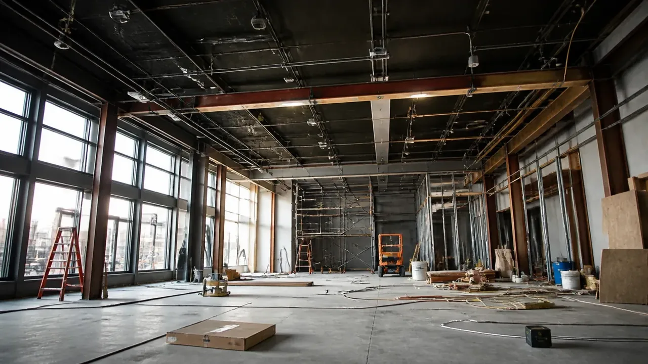 A build-out scene illustrating why lenders care about the line, shot low and wide to show the height of the room