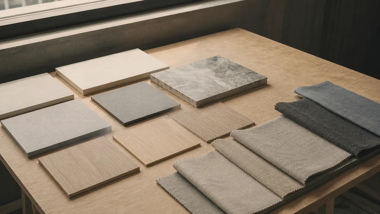 Hard-surface and fabric samples arranged on a wooden table