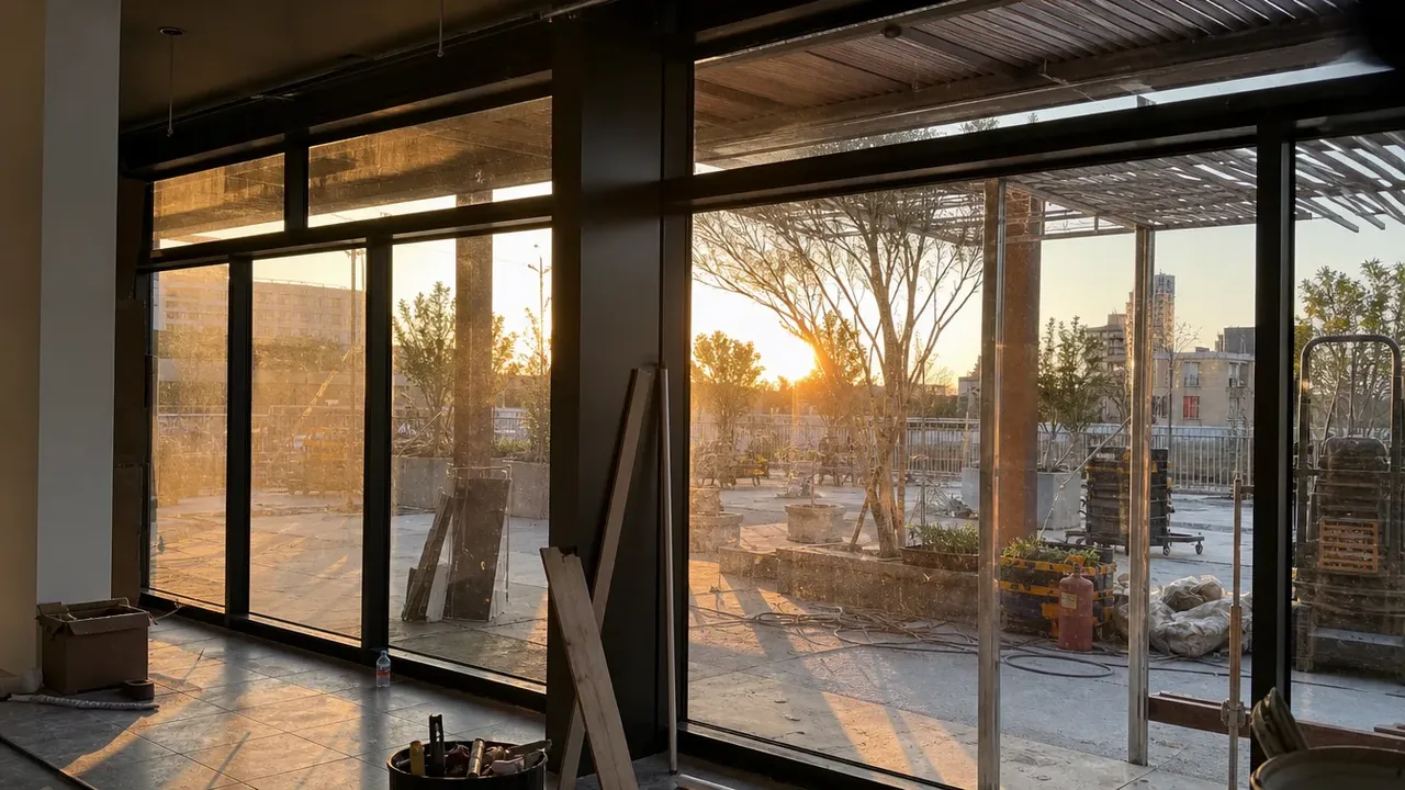 Late-afternoon sun through the windows of a hospitality build-out, illustrating a working framework for the fit-out budget