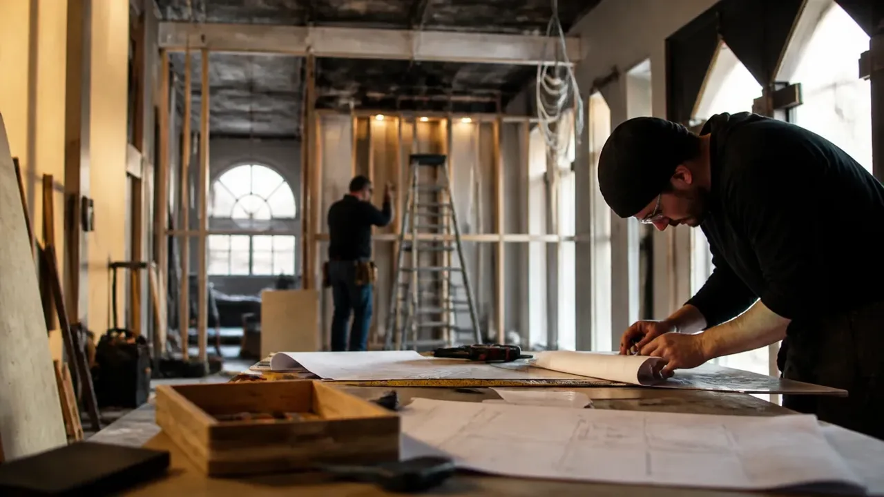 A build-out scene illustrating proportions, not prices, shot at table level in warm side light