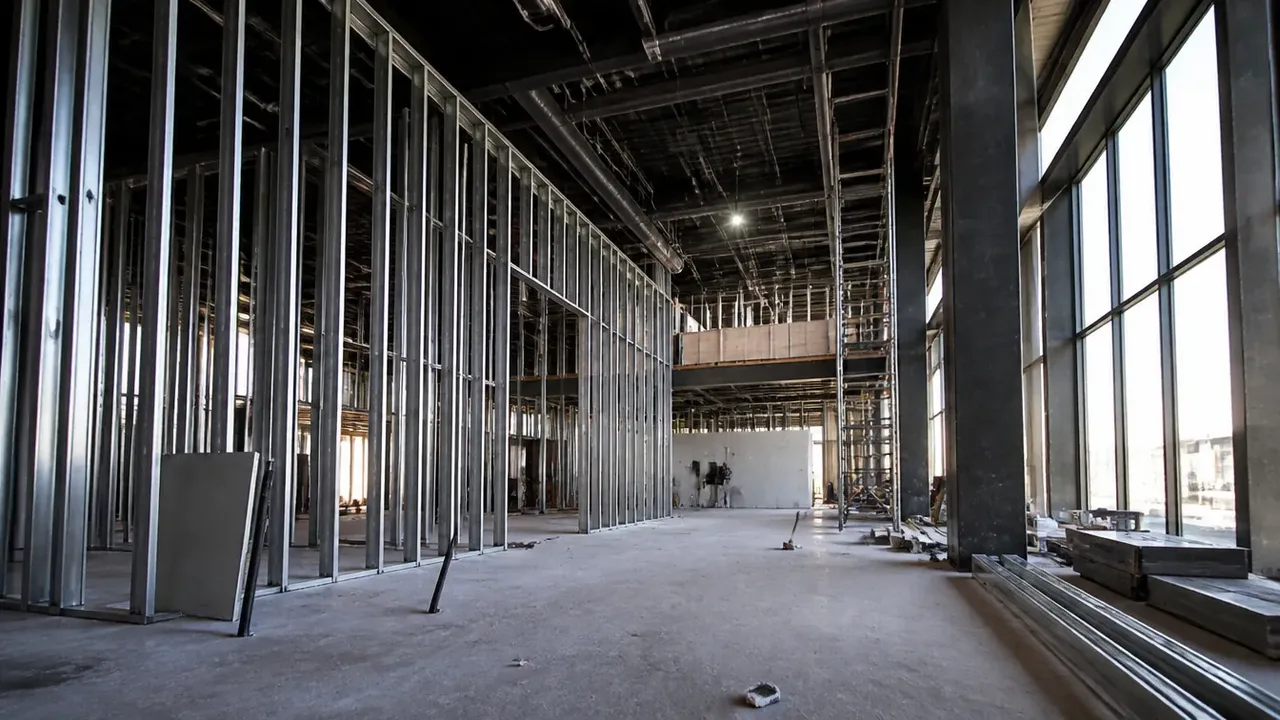 A build-out scene illustrating the nine categories, shot low and wide to show the height of the room