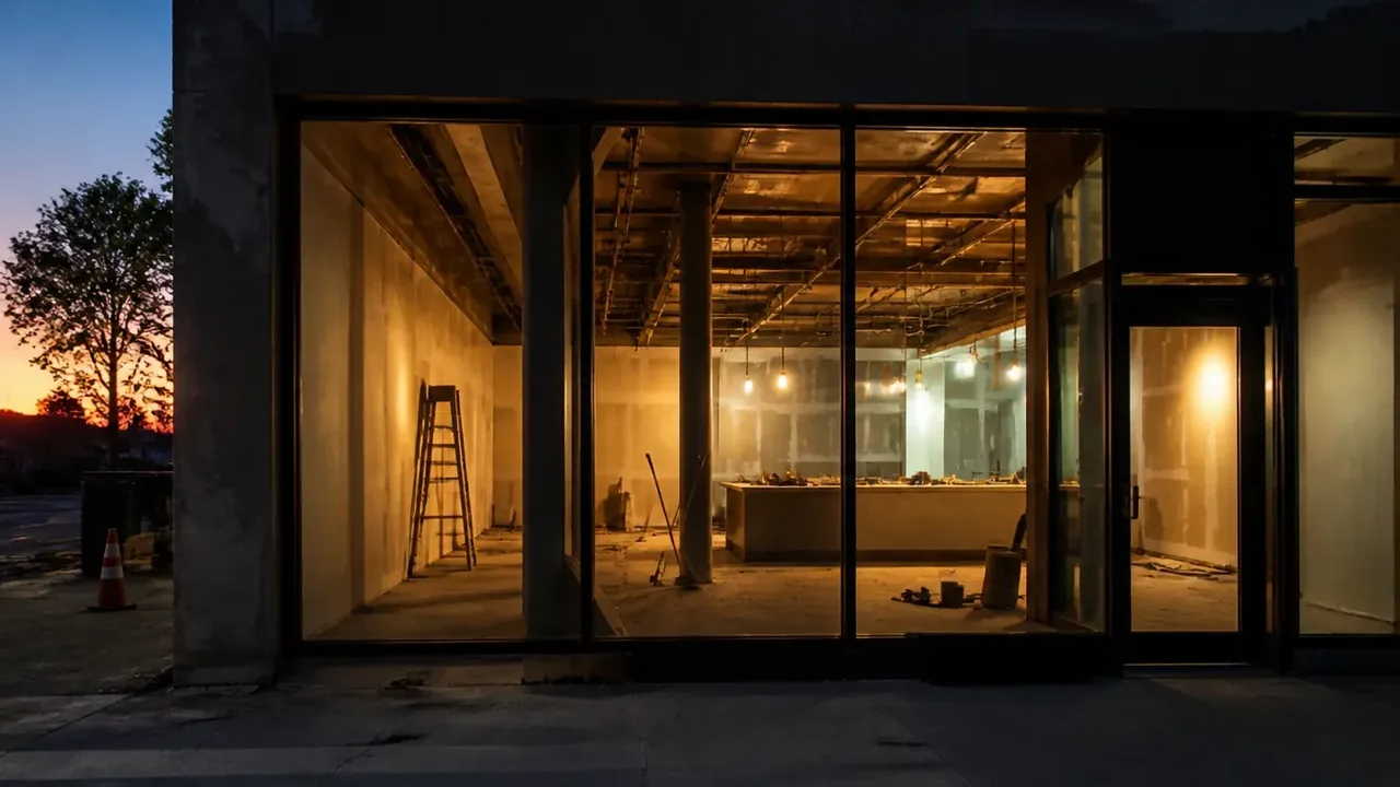 A build-out scene illustrating the two questions that keep a budget honest, at dusk with the interior lights on