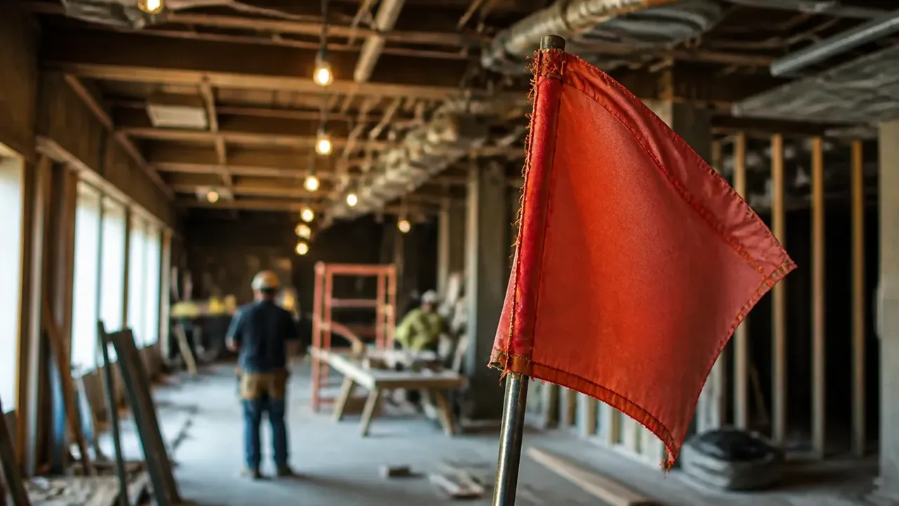 A build-out scene illustrating what the flag does to the schedule and the money, shot through soft foreground focus