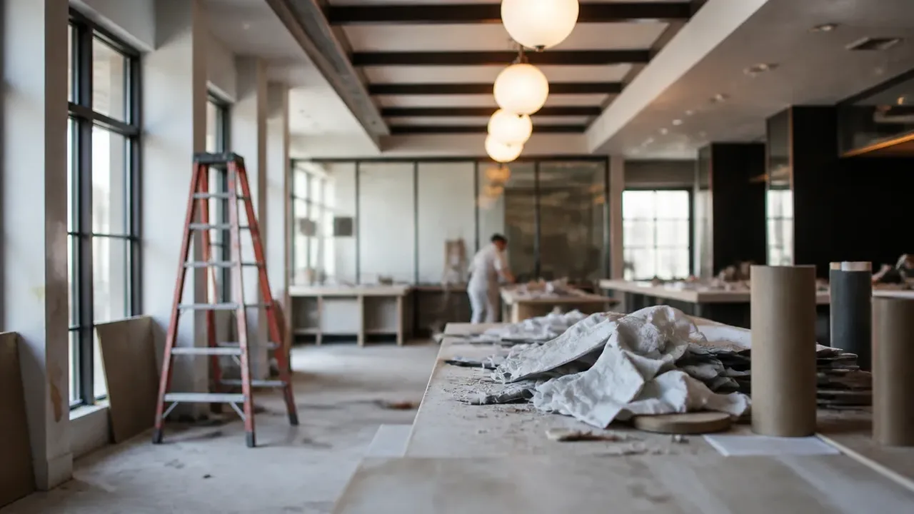 A build-out scene illustrating what the standards actually govern, shot through soft foreground focus