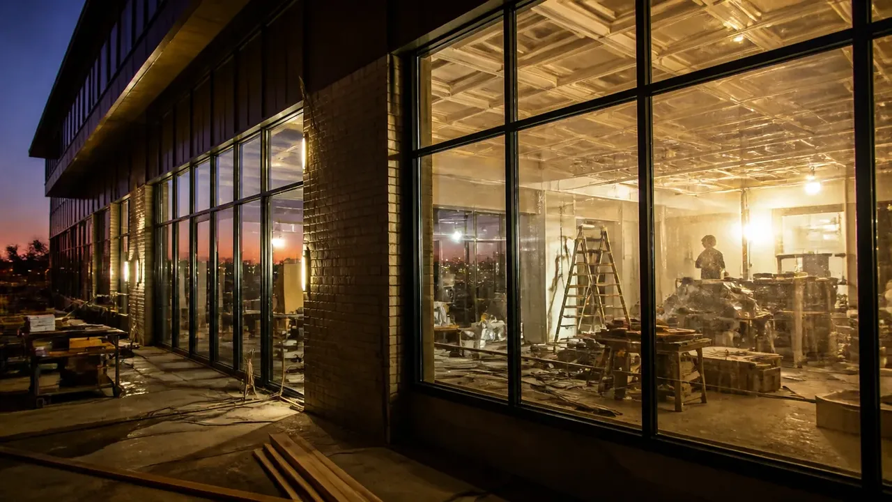 A build-out scene illustrating if you hire the GC, hire them like it matters, at dusk with the interior lights on