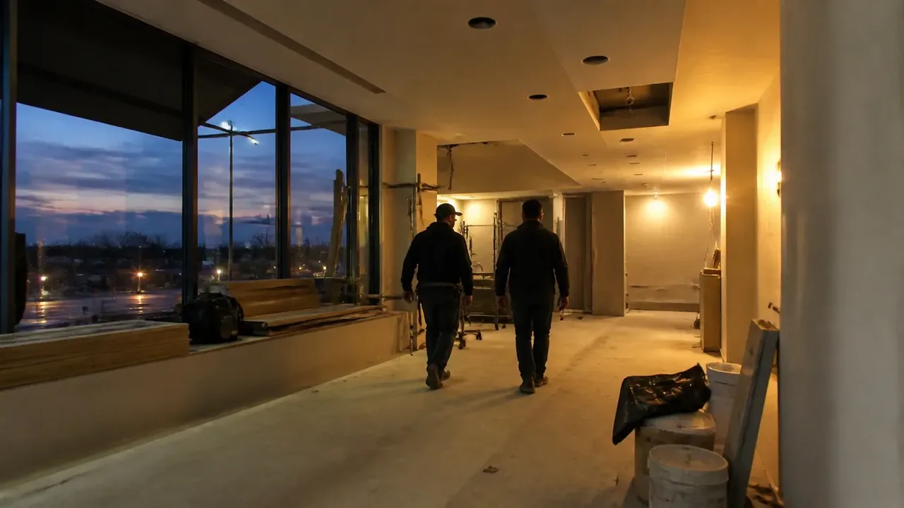 A build-out scene illustrating the one-sentence version, at dusk with the interior lights on