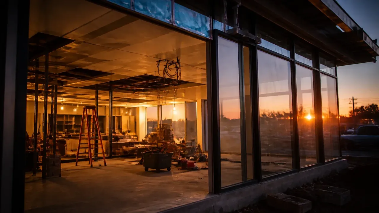 A build-out scene illustrating what a general contractor actually sells, at dusk with the interior lights on