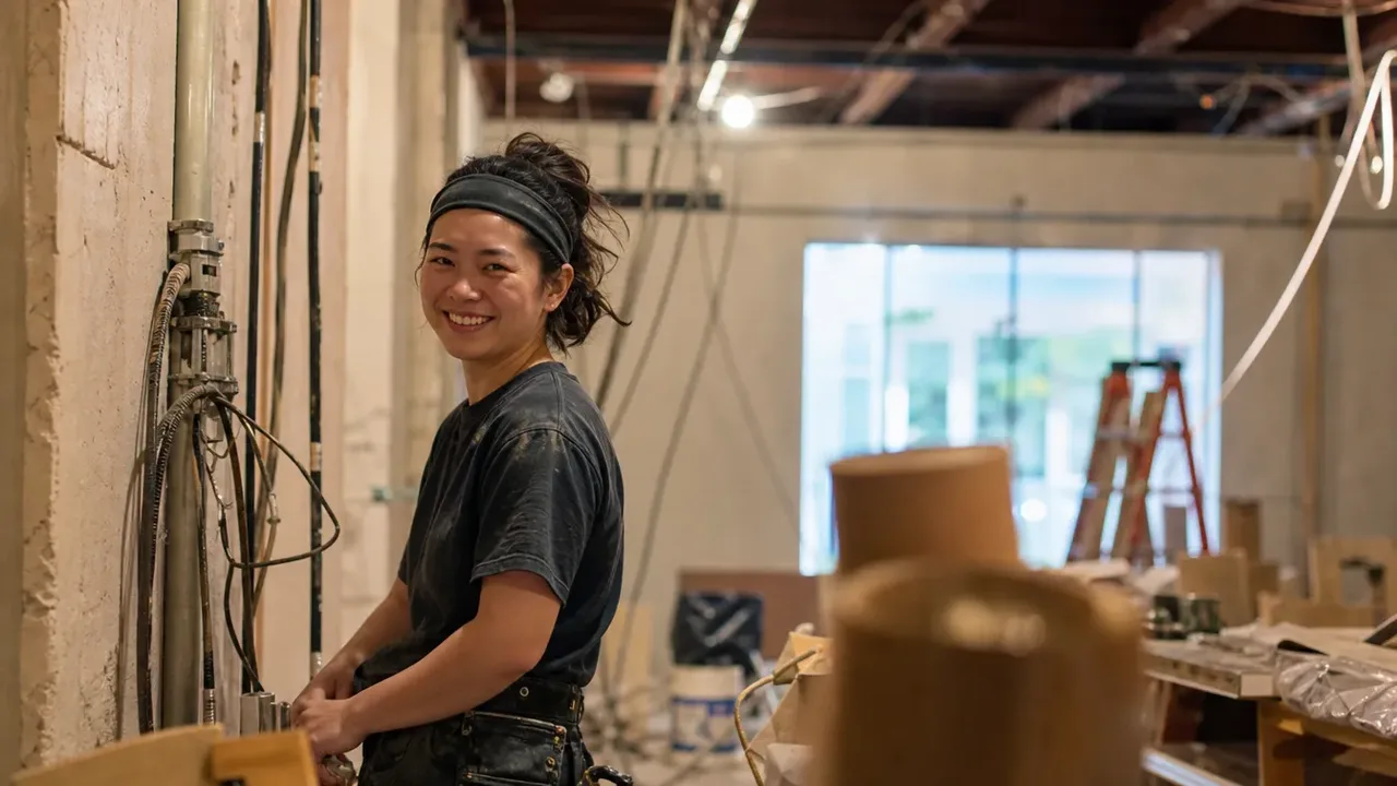 A build-out scene illustrating when self-managing is actually reasonable, shot through soft foreground focus, with a member of the project team at work