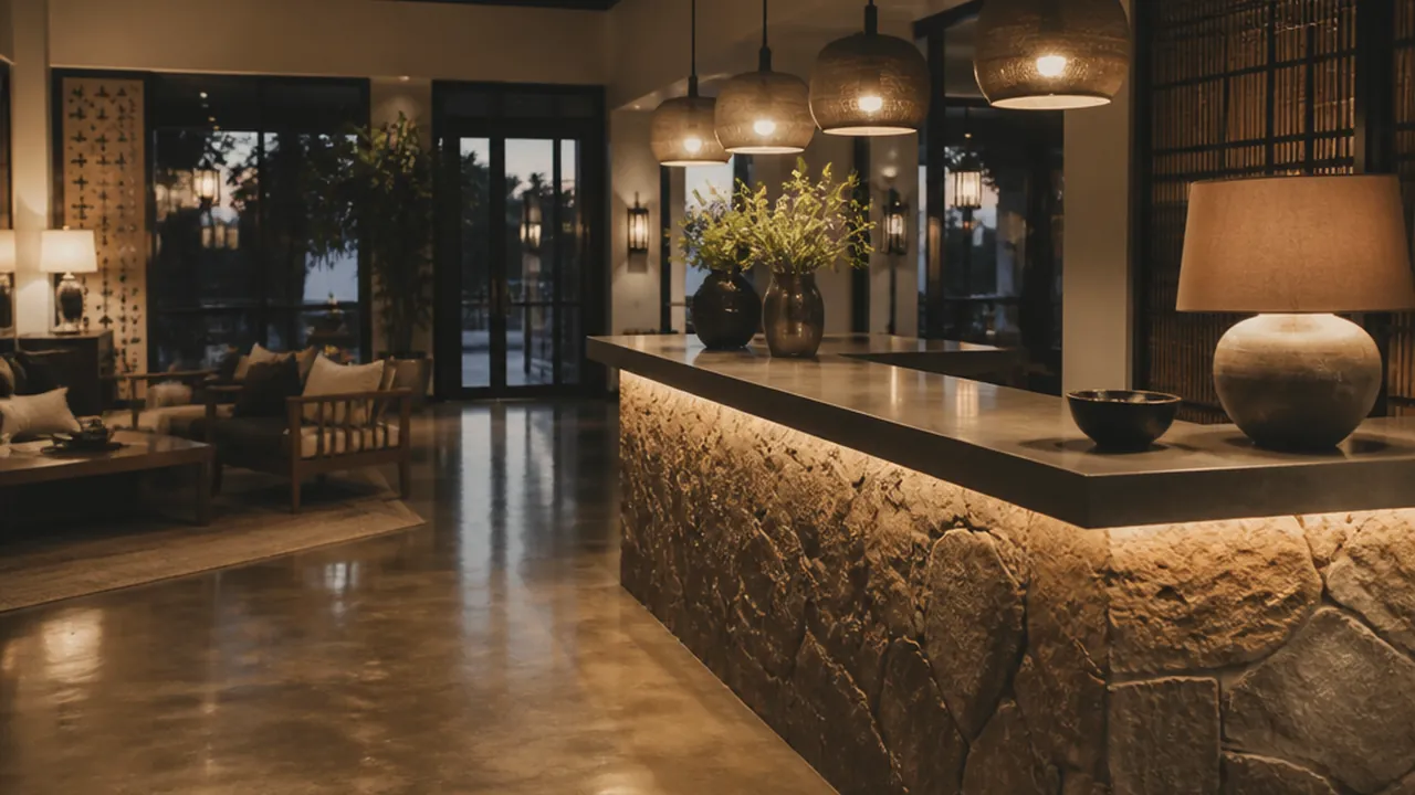 A furnished hotel lobby and check-in area