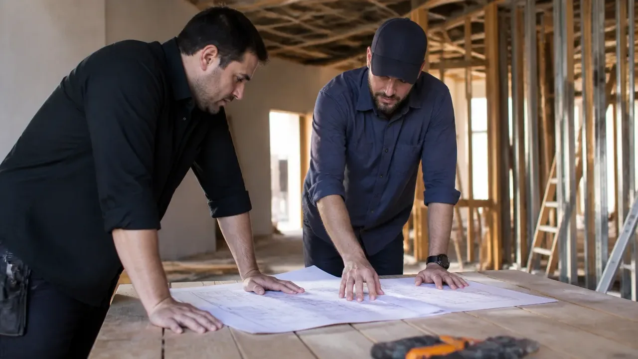 A build-out scene illustrating revenue starts before the building does, shot at table level in warm side light