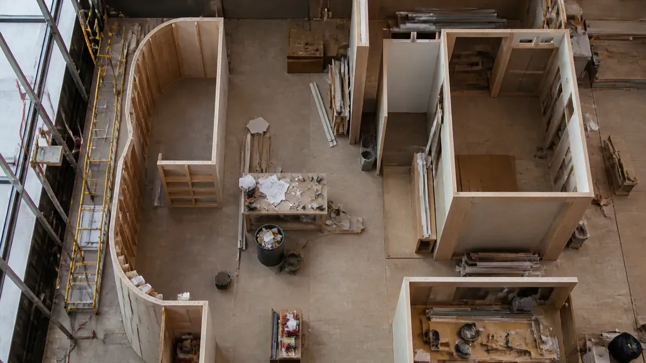 A build-out scene illustrating the building is the inventory, shot from directly overhead in bright even light