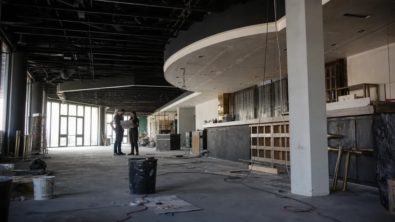 A build-out scene illustrating what a lead time actually is, shot low and wide to show the height of the room, with a member of the project team at work