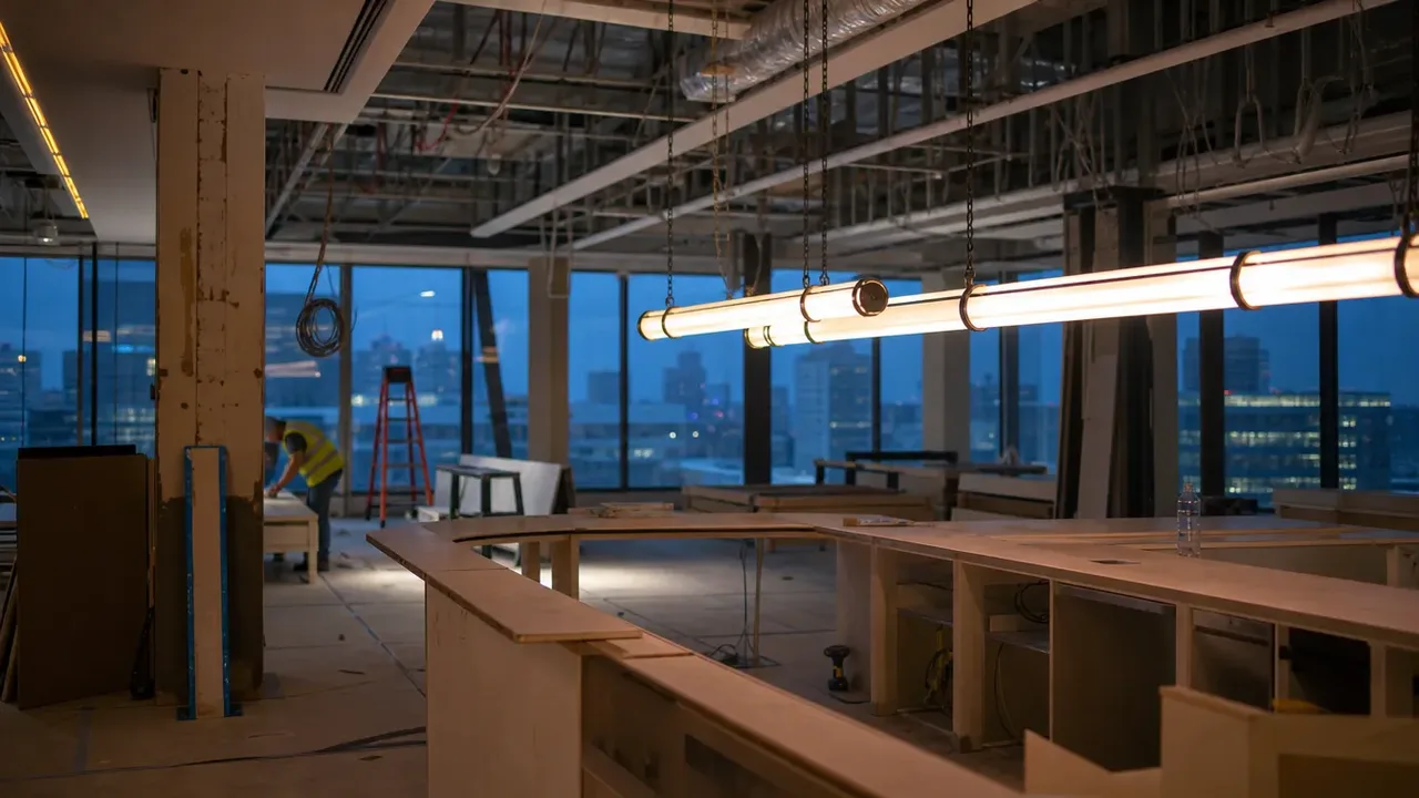 Dusk light and lit interiors in a hospitality build-out, illustrating millwork, the trade that becomes the schedule