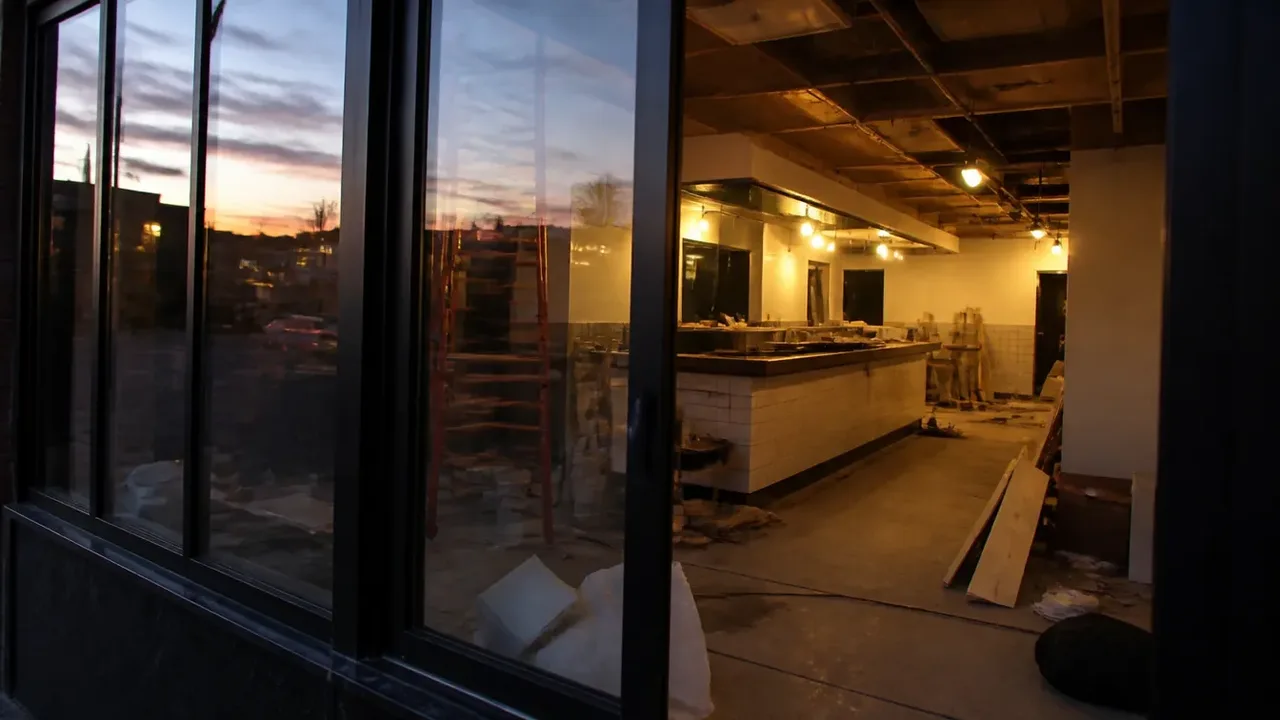 A build-out scene illustrating keeping the shop off your critical path, at dusk with the interior lights on