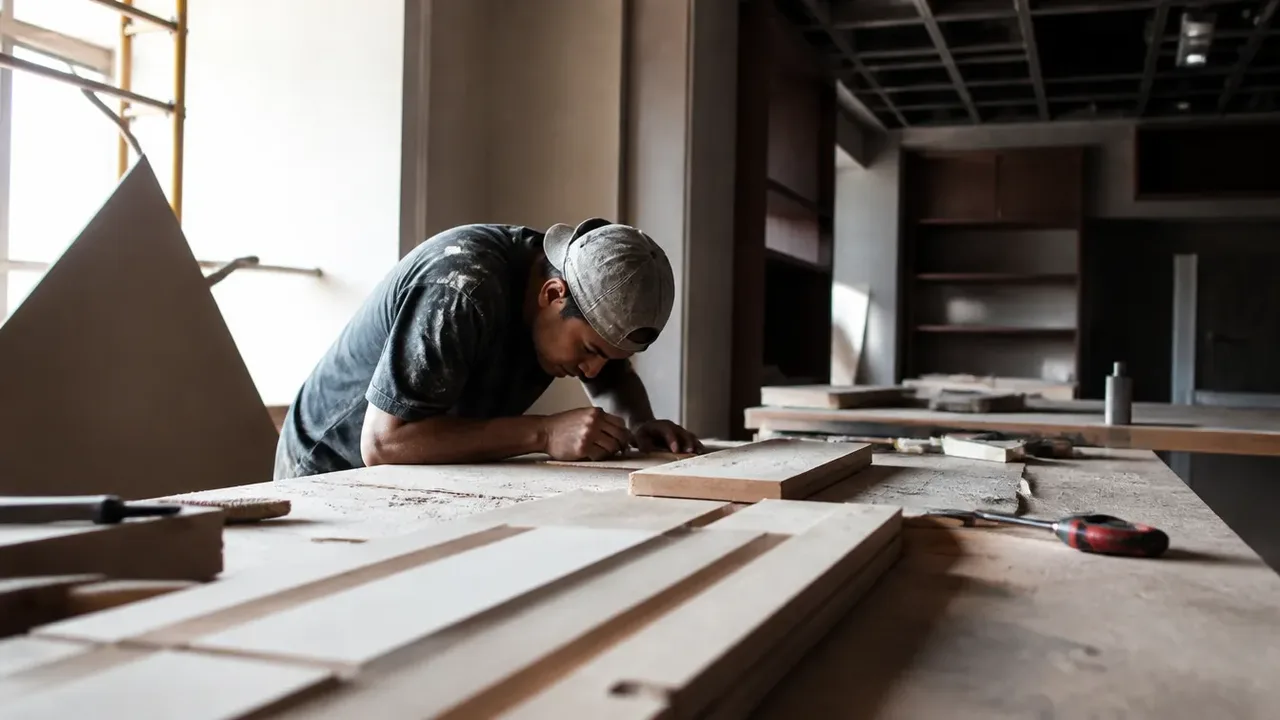 A build-out scene illustrating why millwork behaves differently, shot at table level in warm side light