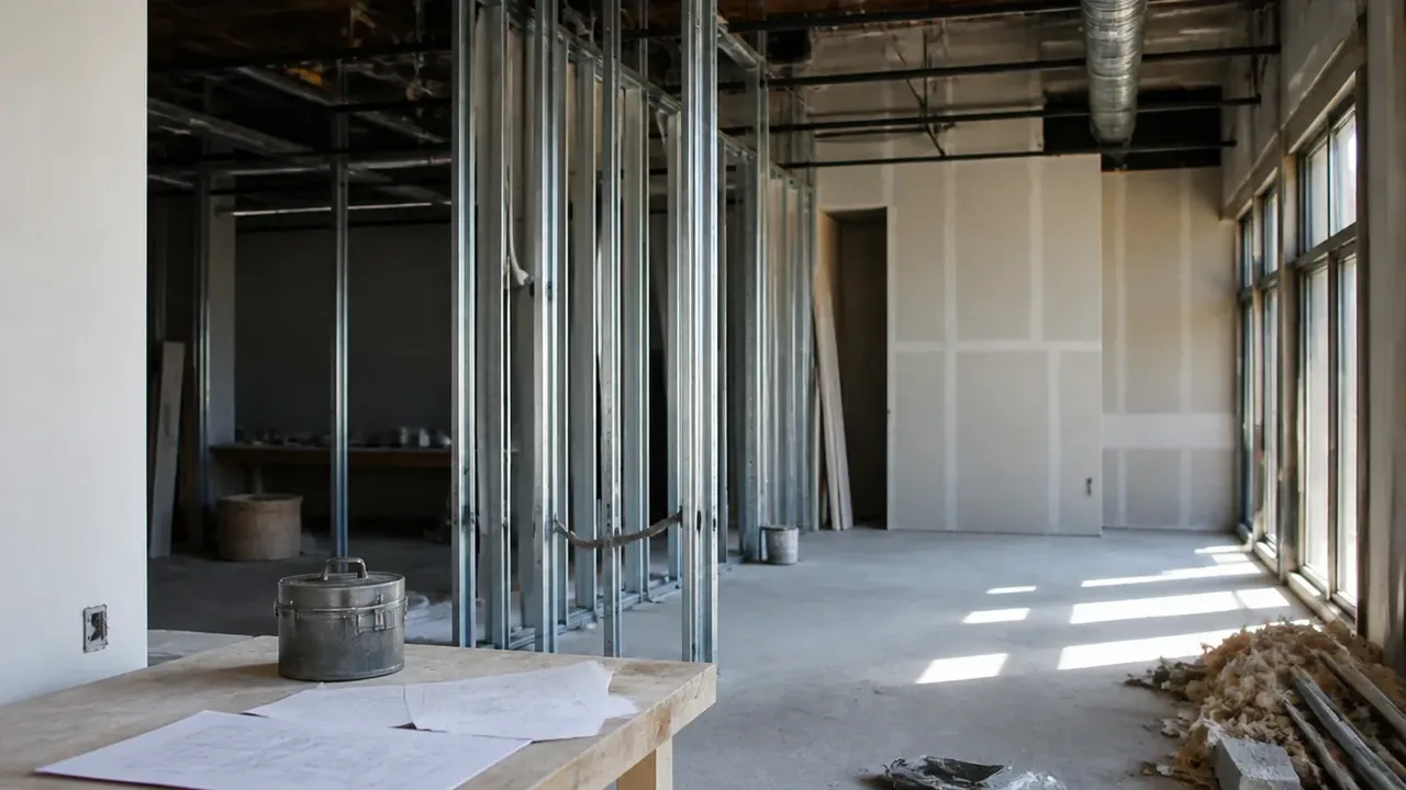 A build-out scene illustrating pattern four: the money ran out on schedule, shot at table level in warm side light