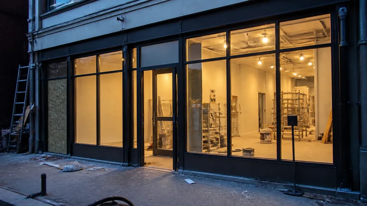 A build-out scene illustrating pattern one: the announced date, at dusk with the interior lights on