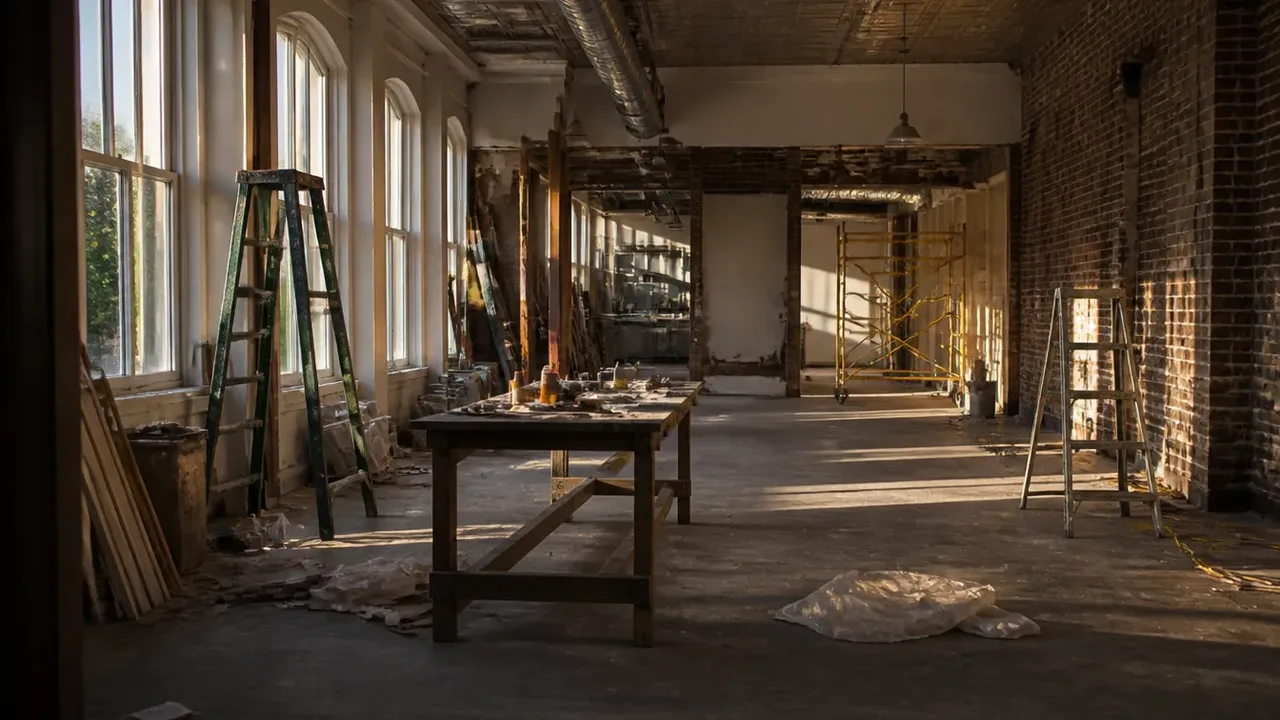 A build-out scene illustrating pattern three: the beautiful room that cannot work, shot at table level in warm side light