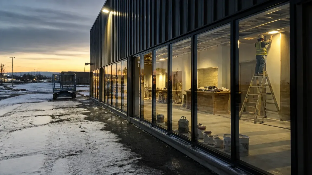 A build-out scene illustrating phase two: dry runs, at dusk with the interior lights on