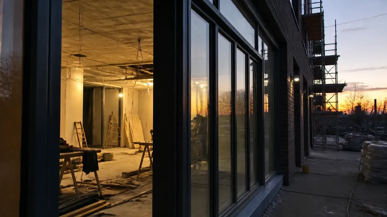 A build-out scene illustrating how the problem unfolds, at dusk with the interior lights on